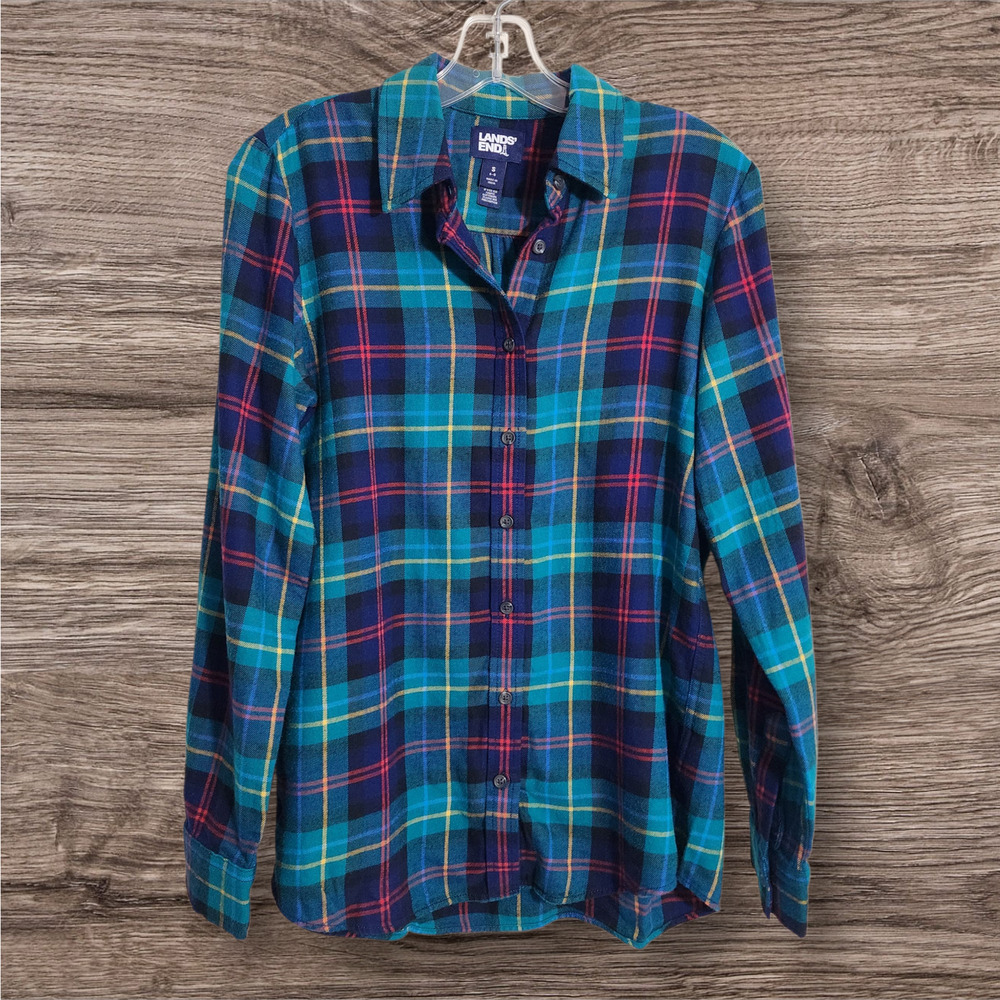 Lands' End green plaid button front‎ soft flannel shirt woman's size small